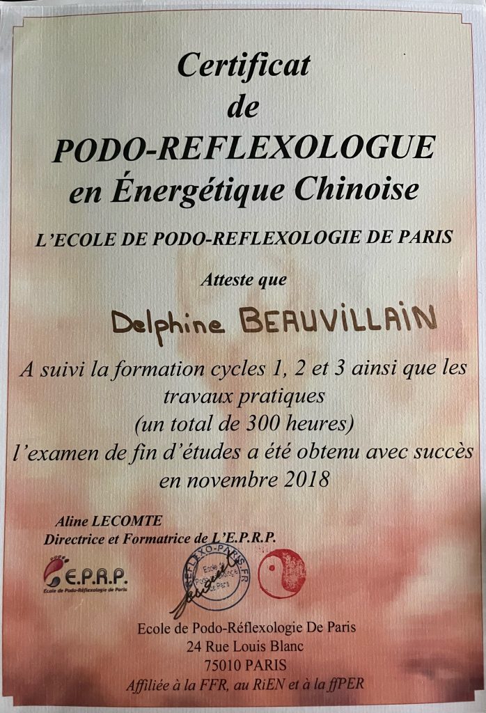 Certificat podo-réflexologue EPRP Paris Delphine Beauvillain